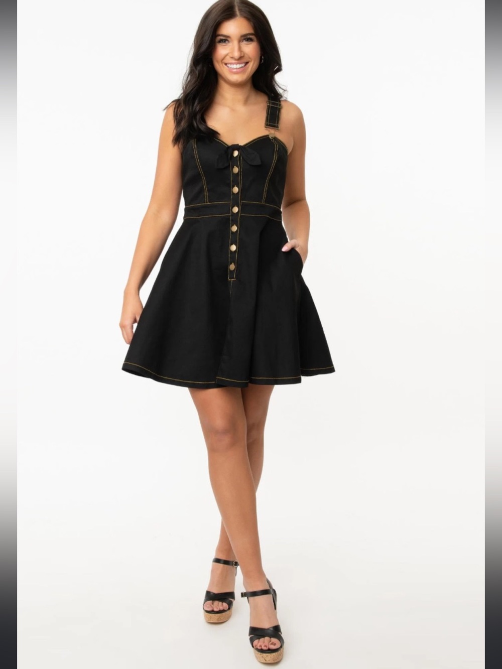 Black Denim A-Line Mini Skirt Dress with Contrast Stitching and Pockets NWT